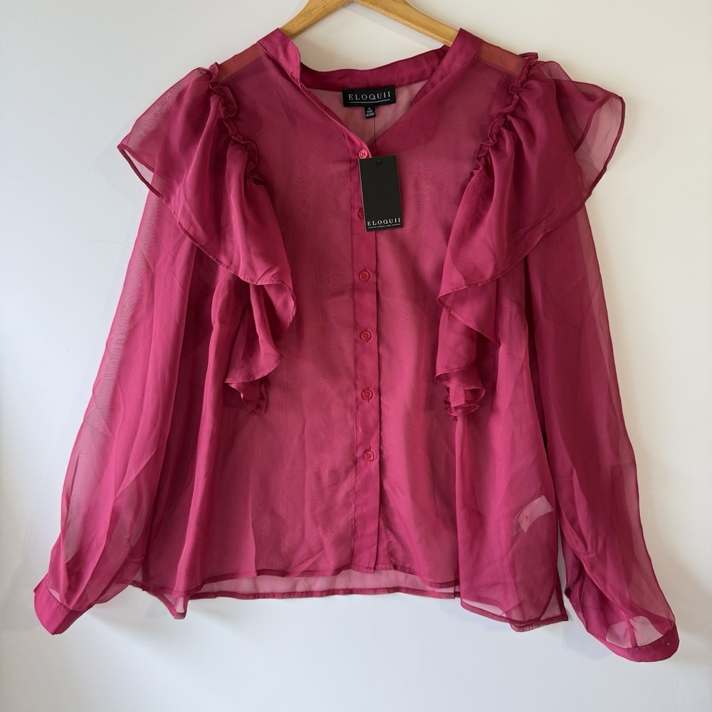 New Eloquii WOMENS SIZE 16 Sheer Pink Ruffle Blouse‎ Top long sleeve